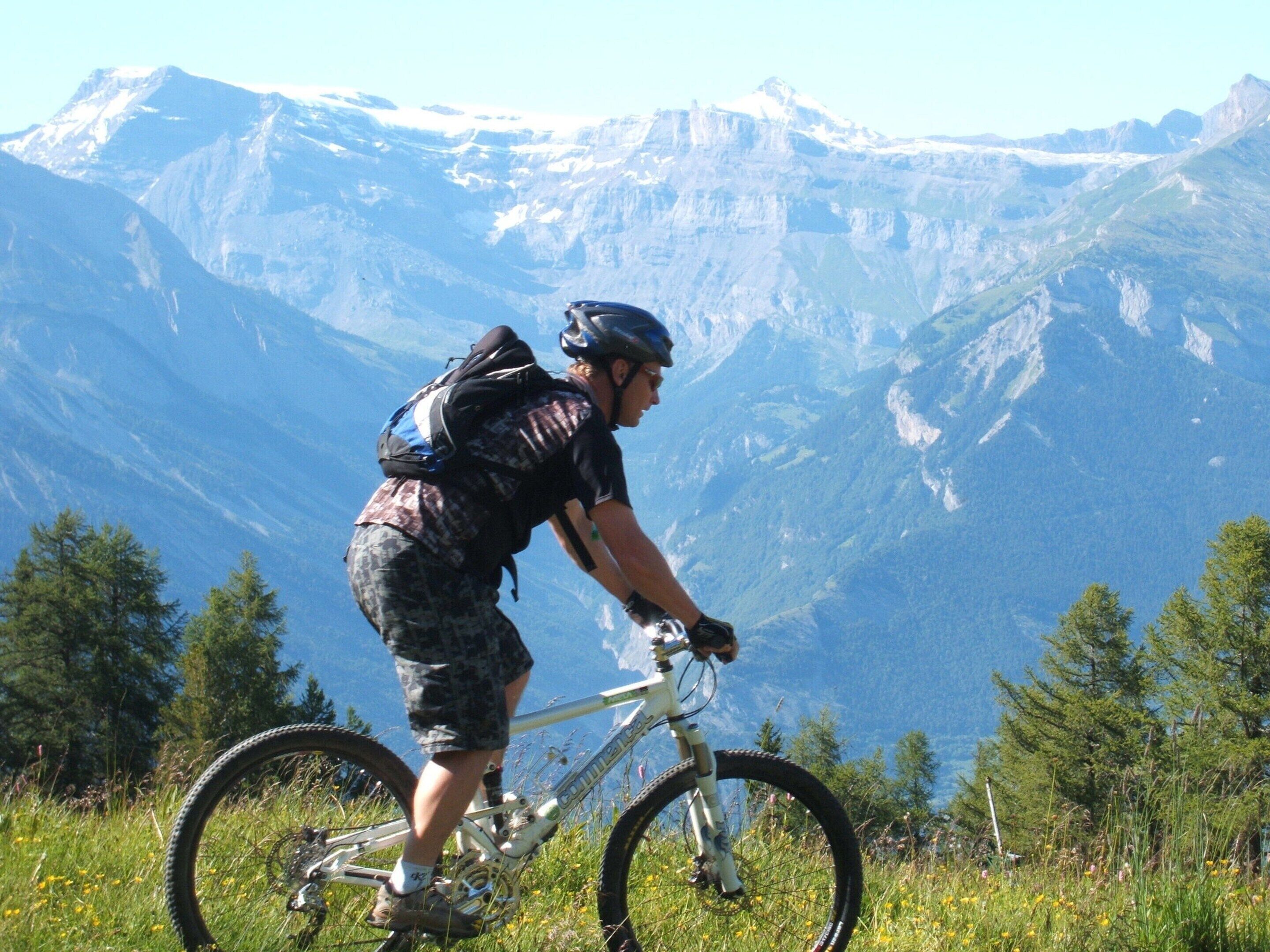 Een mountainbiker op een pad, met een bergachtige achtergrond.