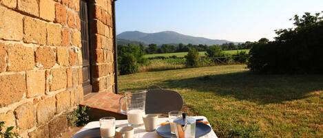 A dining table set outdoors with a view of a brick building and mountains in the background.