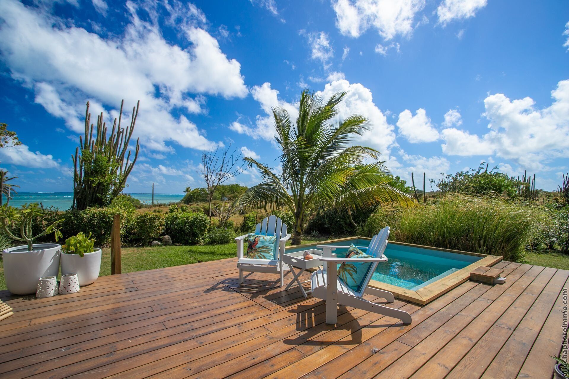 Eine Holzterrasse mit Pool, Stühlen und Topfpflanzen.