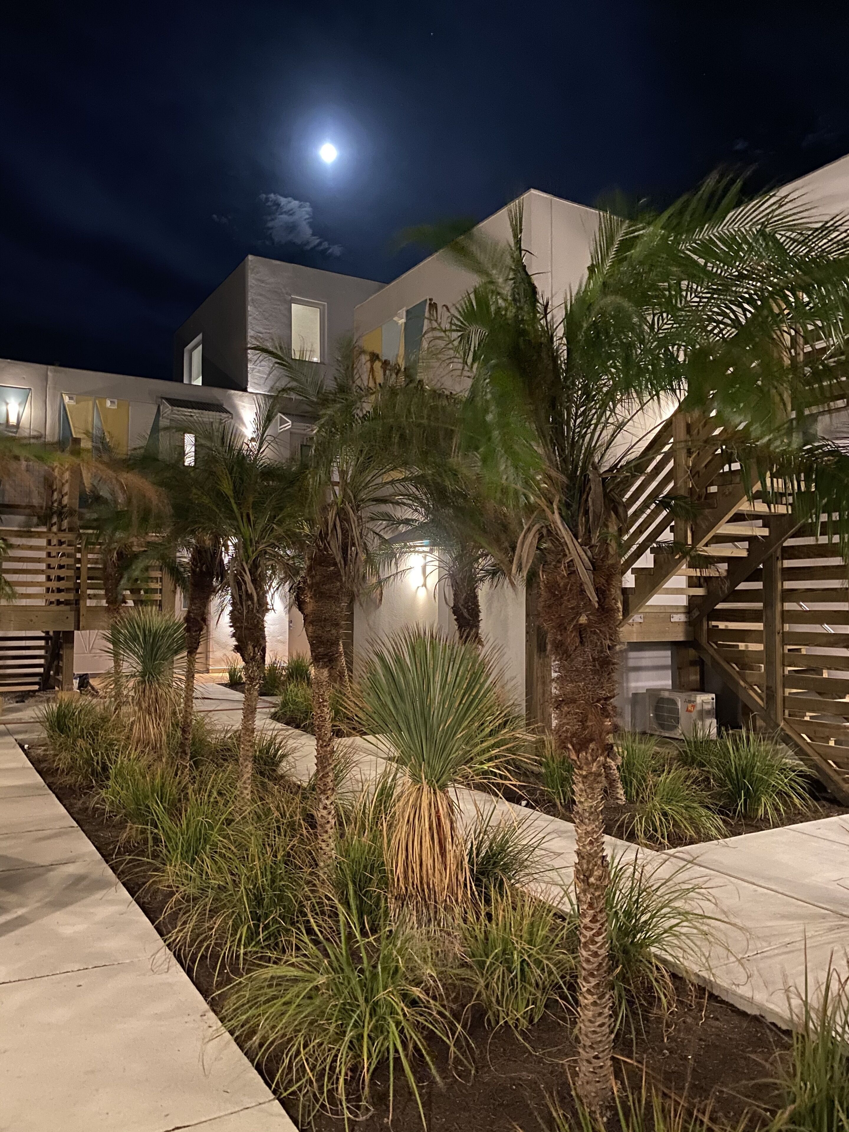 A modern house with a moonlit night sky, a wooden staircase, and a well-maintained garden with palm trees and other plants.