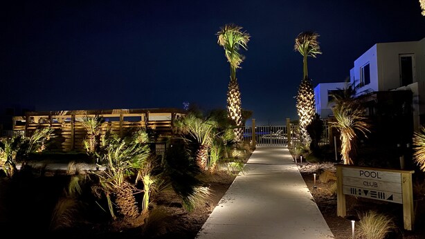 A pathway leading to a building labeled 'POOL CLUB' with palm trees and a wooden fence on either side. - Lively Beach (Corpus Christi)