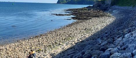 A rocky beach with a clear view of the sea and a distant hill.