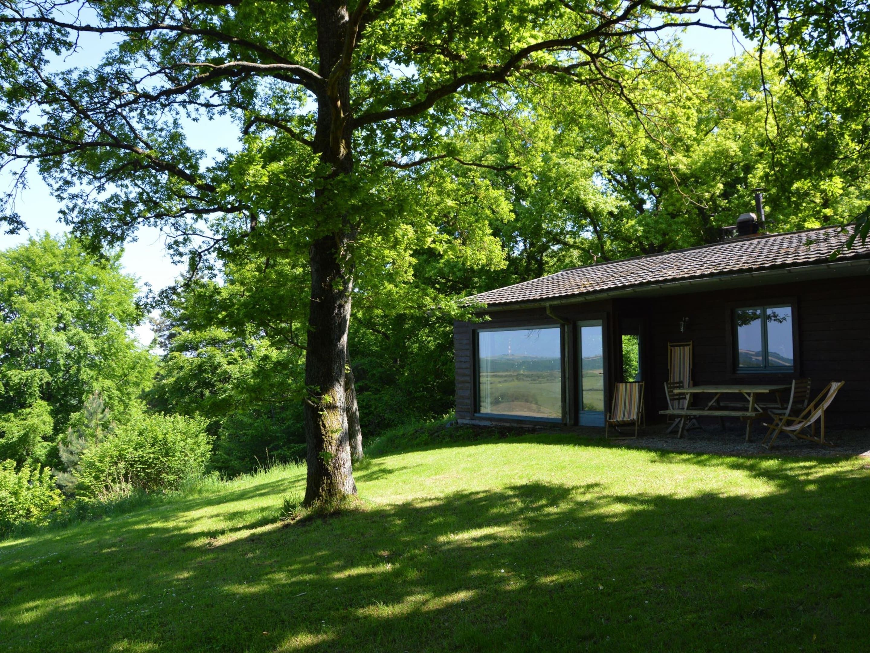 A house with a large glass window, a patio with chairs, and a tree in the foreground.