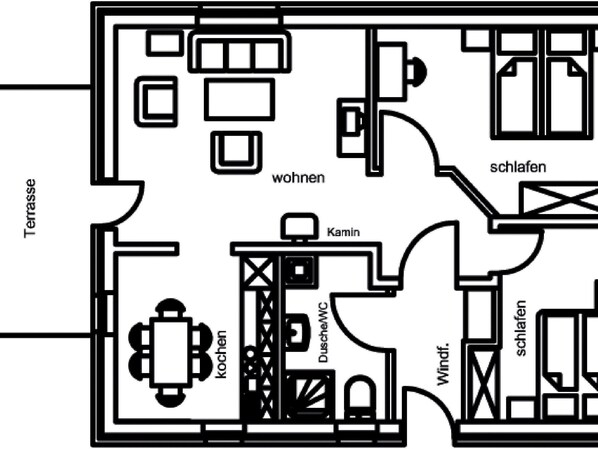 Een plattegrond met een keuken, eetgedeelte, woonkamer en twee slaapkamers.