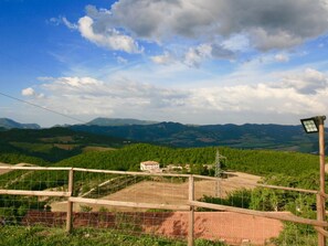 Stands amidst rolling hills and lush greenery, a charming rural home with a red-tiled roof.