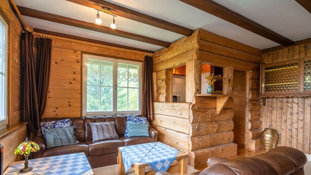 Ein gemütliches Blockhaus-Interieur mit einem Ledersofa, einem Holztisch mit kariertem Tischläufer und einem Fenster mit Vorhängen.