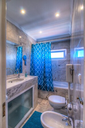 Combined shower/bathtub, hair dryer, bidet, towels