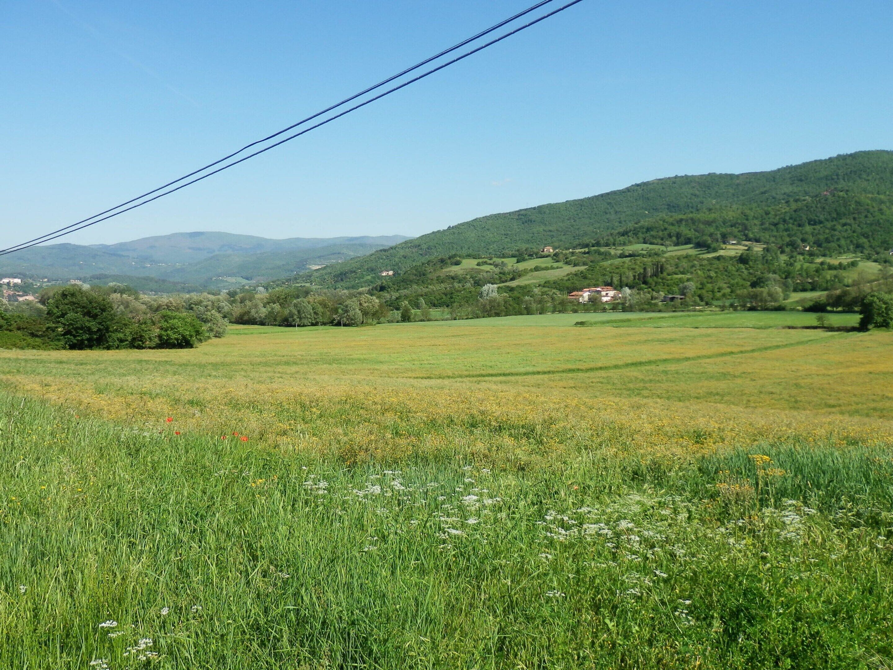 Un paisaje rural con un campo, colinas y casas dispersas.
