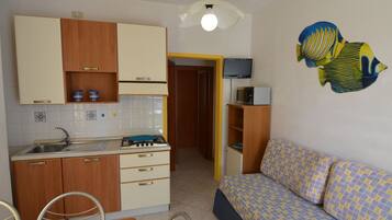 A compact kitchen with wooden cabinets, a gas stove, and a microwave. There's a sofa with patterned cushions and a wall-mounted TV.
