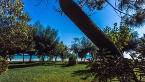 A park with a grassy area, trees, and a view of the beach.