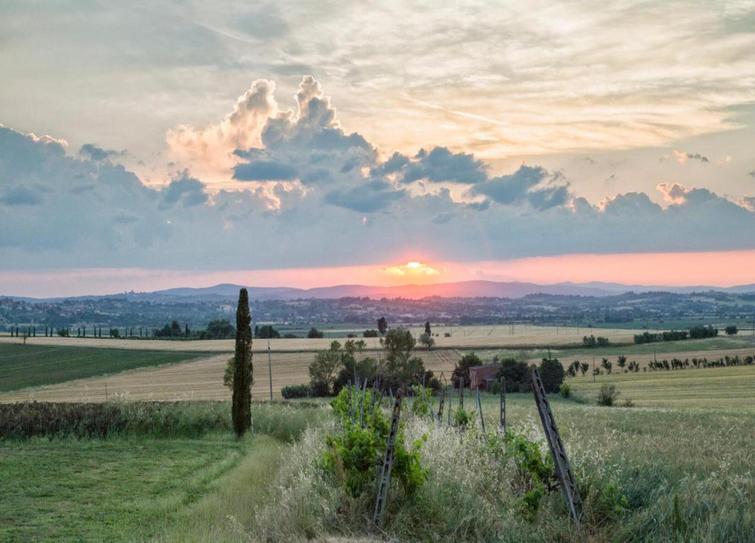 Paisaje rural con campos, un pueblo distante y un atardecer.