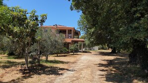 A building with a tiled roof, surrounded by trees and a gravel path. - Holiday Home in Banjole Near the Beach (Medulin)