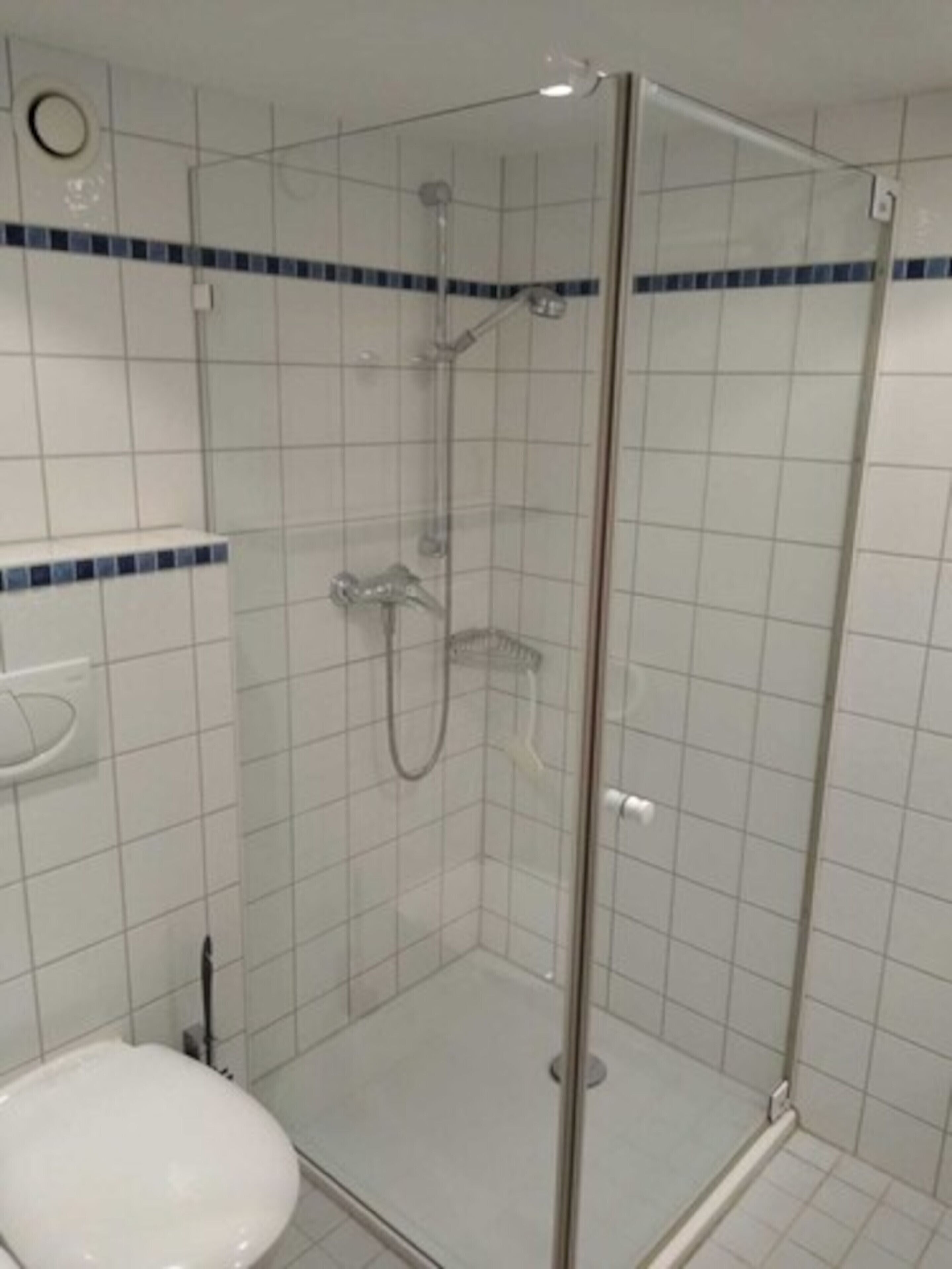Una ducha con cerramiento de vidrio, un cabezal de ducha de mano y un grifo empotrado en la pared.
