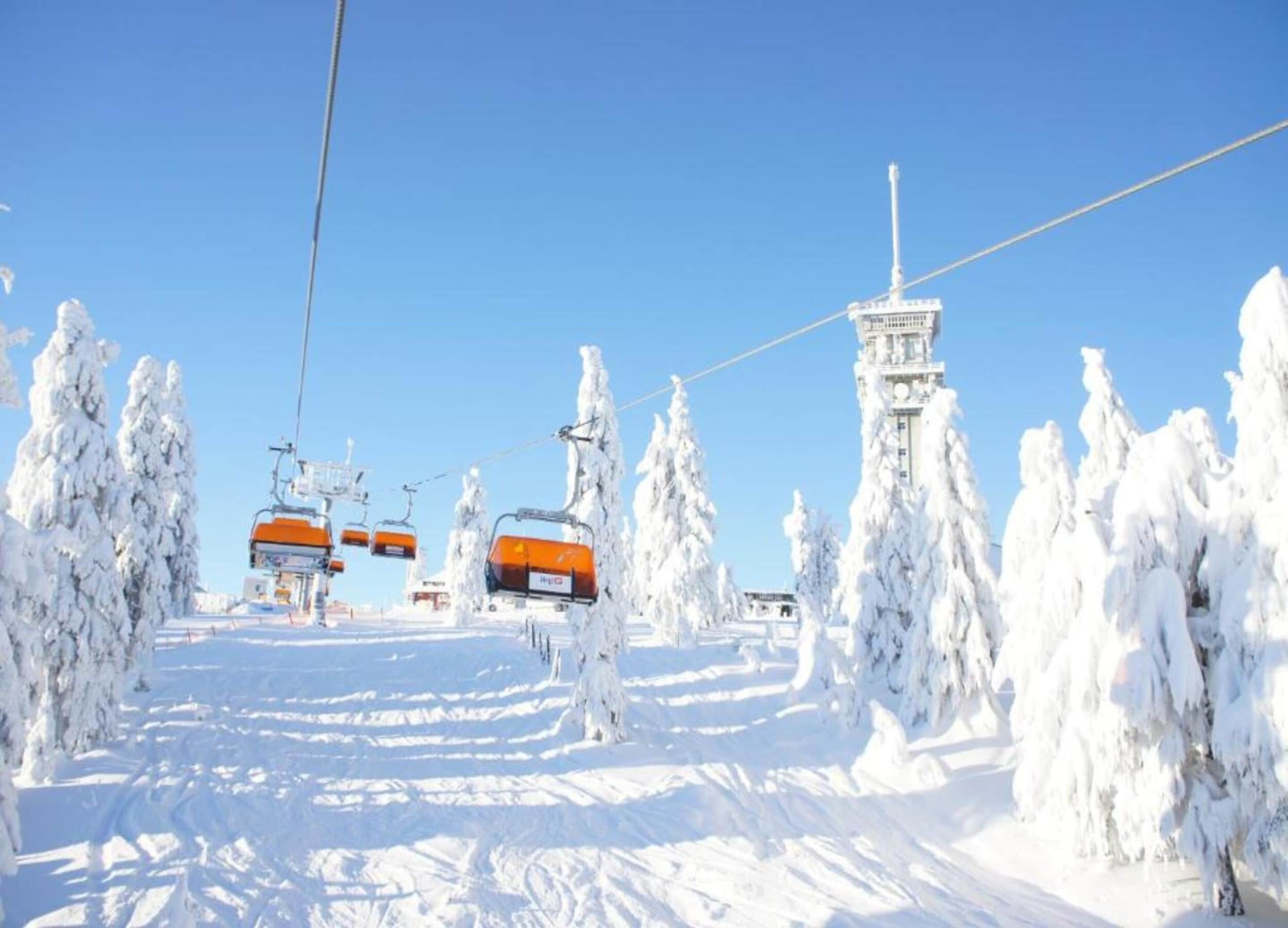 Un télésiège enneigé avec des sièges orange, entouré d’arbres chargés de neige et sous un ciel bleu dégagé.
