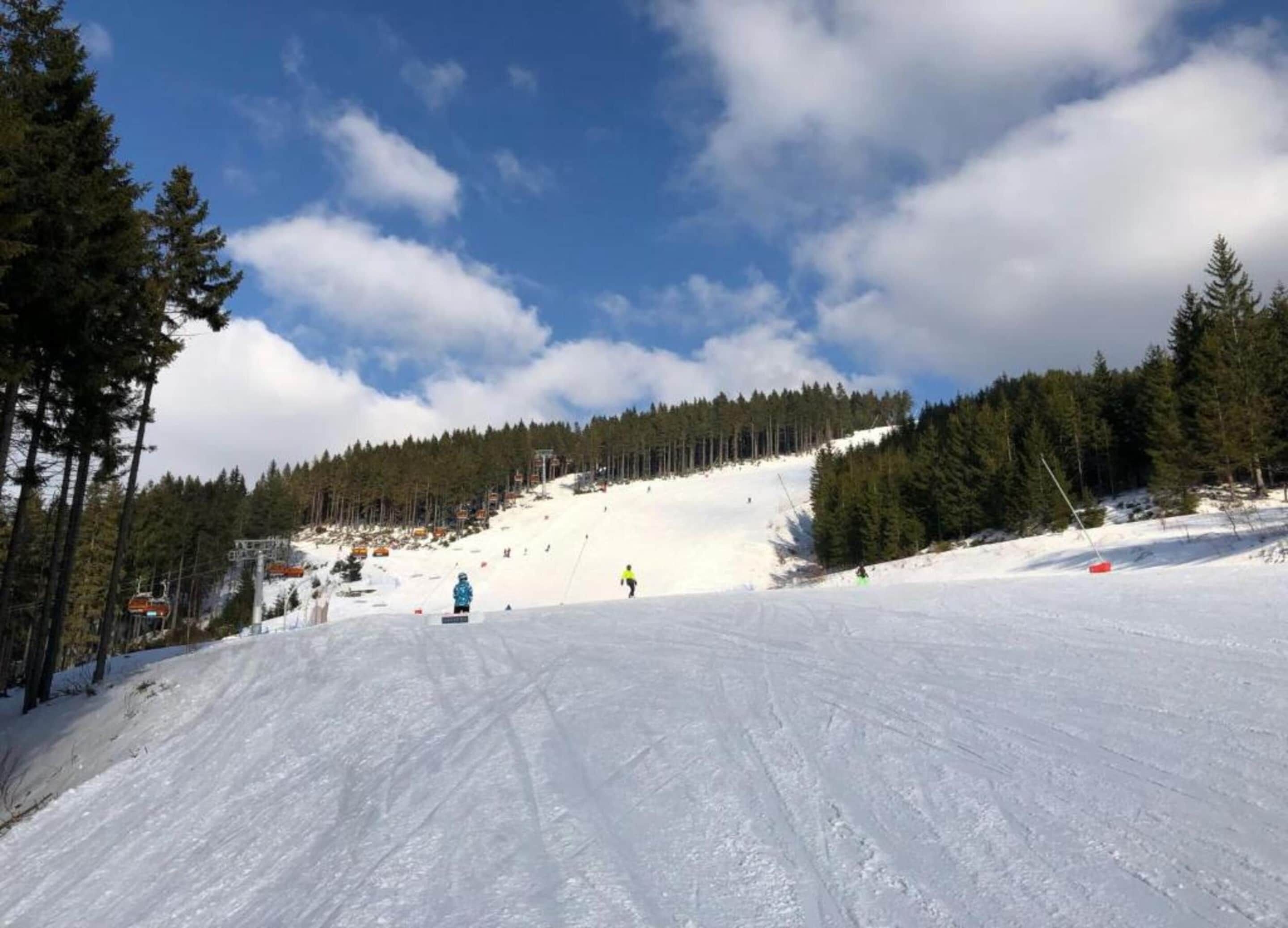 A snowy ski slope with a clear sky and trees.