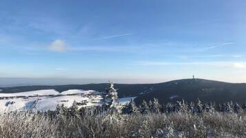 A snowy landscape with a clear sky, a snow-covered hill, and a tree in the foreground.