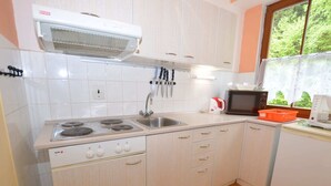 Une cuisine de taille réduite, équipée d’une cuisinière, d’un évier et d’un four à micro-ondes.