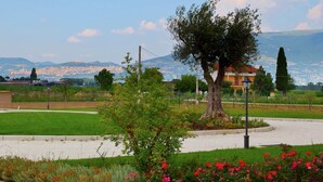 A landscaped garden with a variety of plants and flowers, a paved walkway, and a view of distant buildings and mountains.
