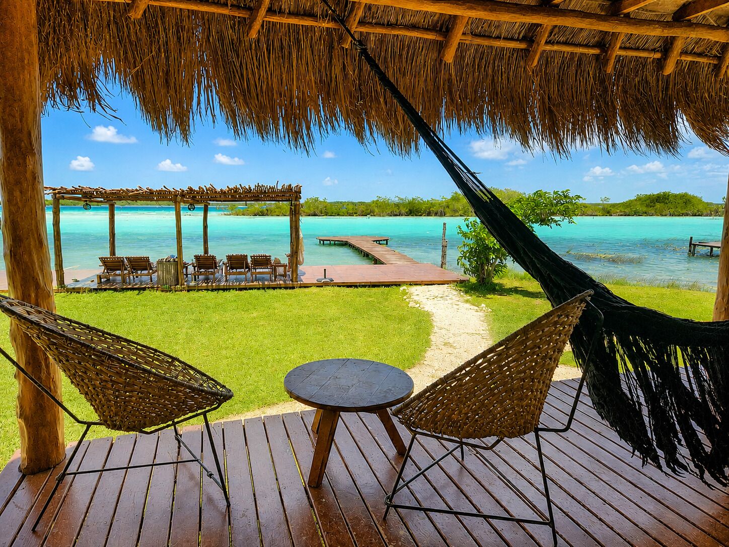 A wooden deck with a hammock, two wicker chairs, and a small table.