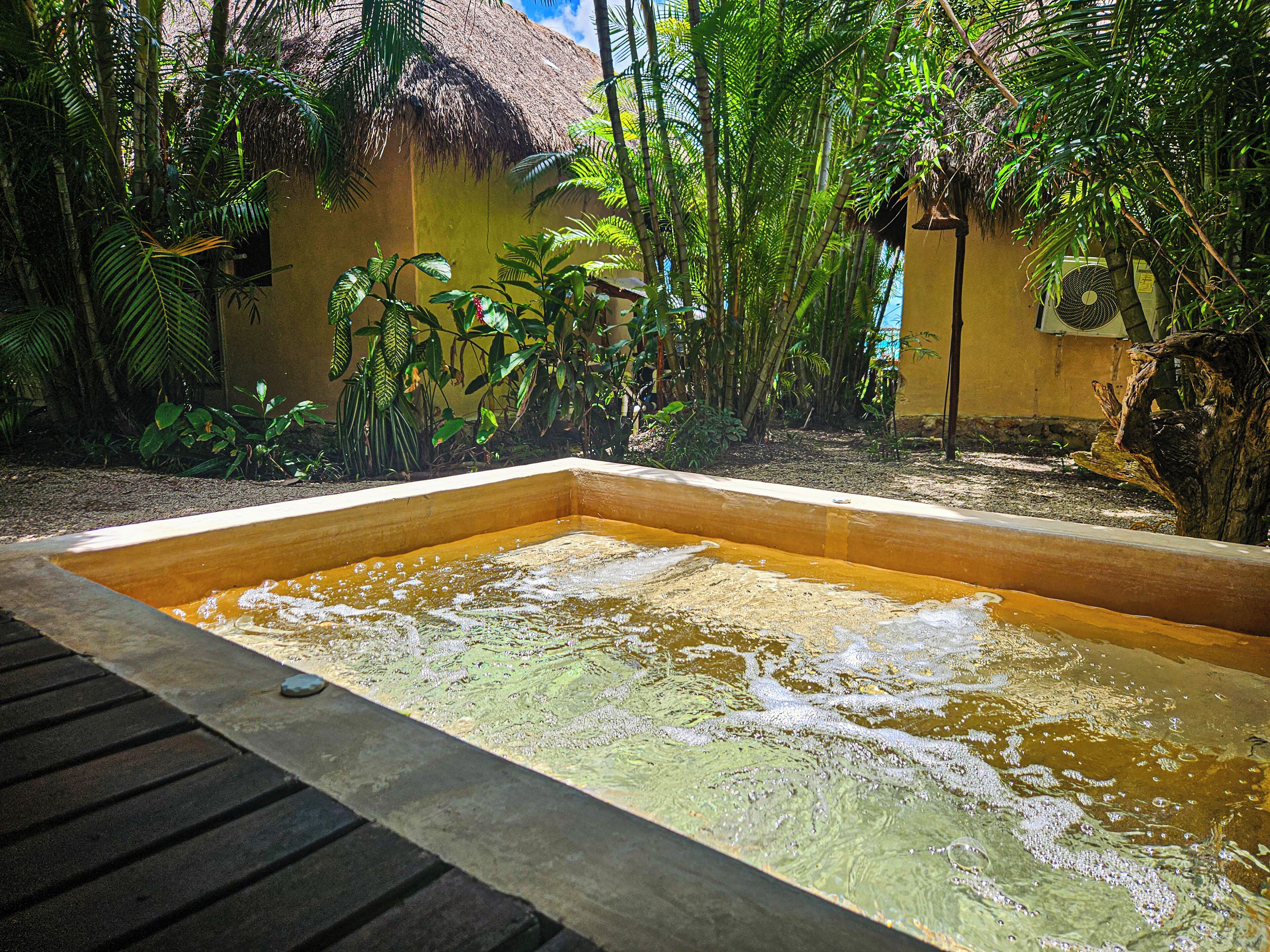 A hot tub surrounded by lush tropical vegetation and a thatched-roof structure.