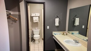 A bathroom with a toilet, a sink, and a mirror. - Ventura Grand Inn (Mammoth Lakes)