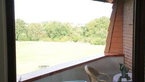 Habitación con vista a un campo cubierto de hierba y árboles.