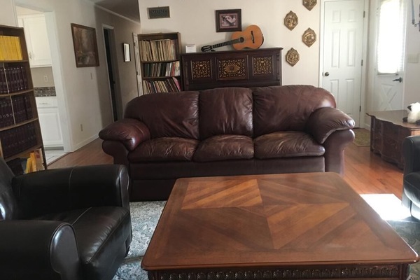 Fireplace, DVD player, books, music library