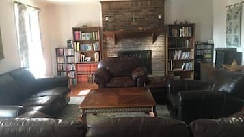 Fireplace, DVD player, books, music library