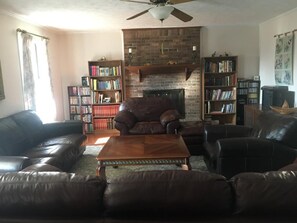 Fireplace, DVD player, books, music library