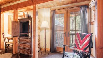 TV, fireplace, books