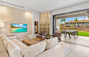 TV, fireplace - Maui Resort Rentals: Luana Garden Villas 9B – Modern 3BR Villa at Kaanapali’s Newest Luxury Residences! (Lahaina)
