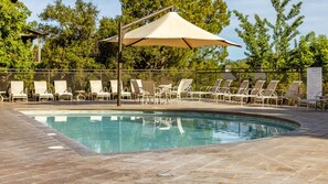 A pool area with lounge chairs and umbrellas, surrounded by a tiled deck and trees. - Angels Camp | Friends & Family Golf Getaway | Pool + Golf | 3BR Sleeps 8 (Angels Camp)