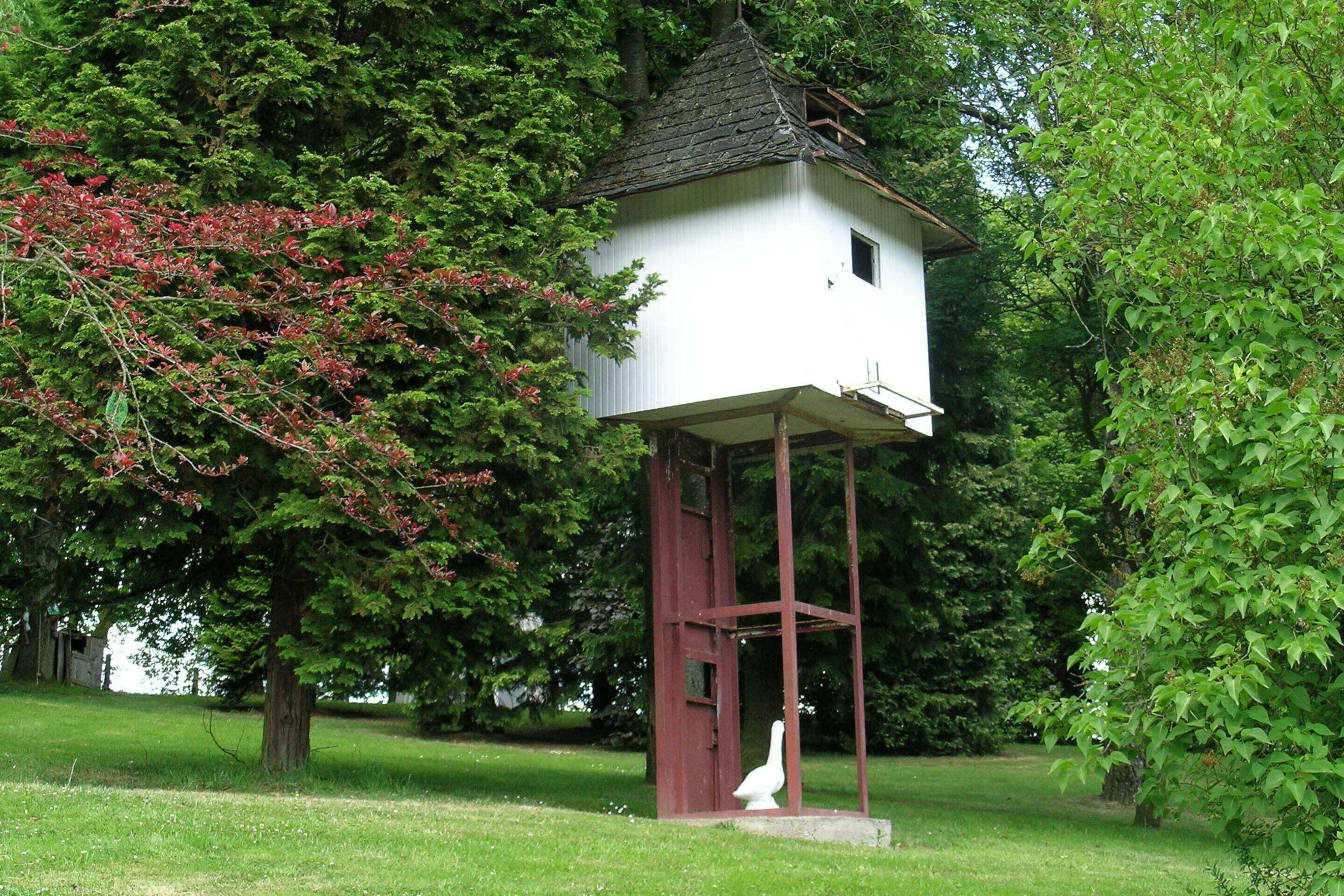 A white birdhouse with a red roof and a wooden base, surrounded by lush green trees and grass.