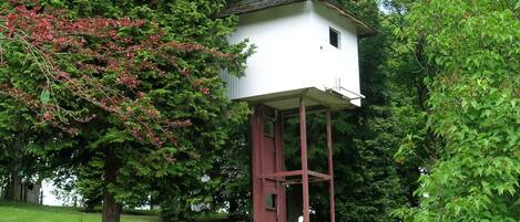 A white birdhouse with a red roof and a wooden base, surrounded by lush green trees and grass.