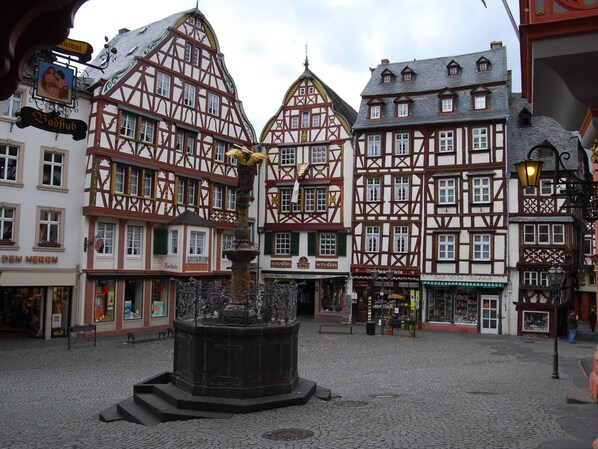 A traditional European town square with half-timbered buildings, a central fountain, and various shops.