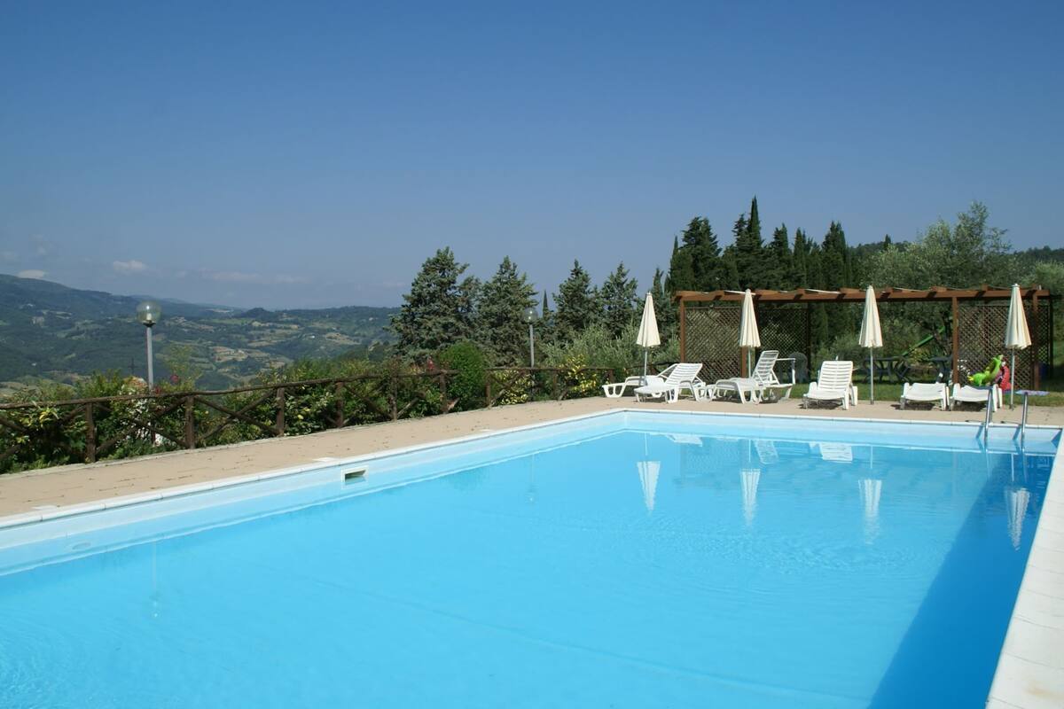 A swimming pool with lounge chairs and umbrellas, surrounded by greenery and a view of hills.
