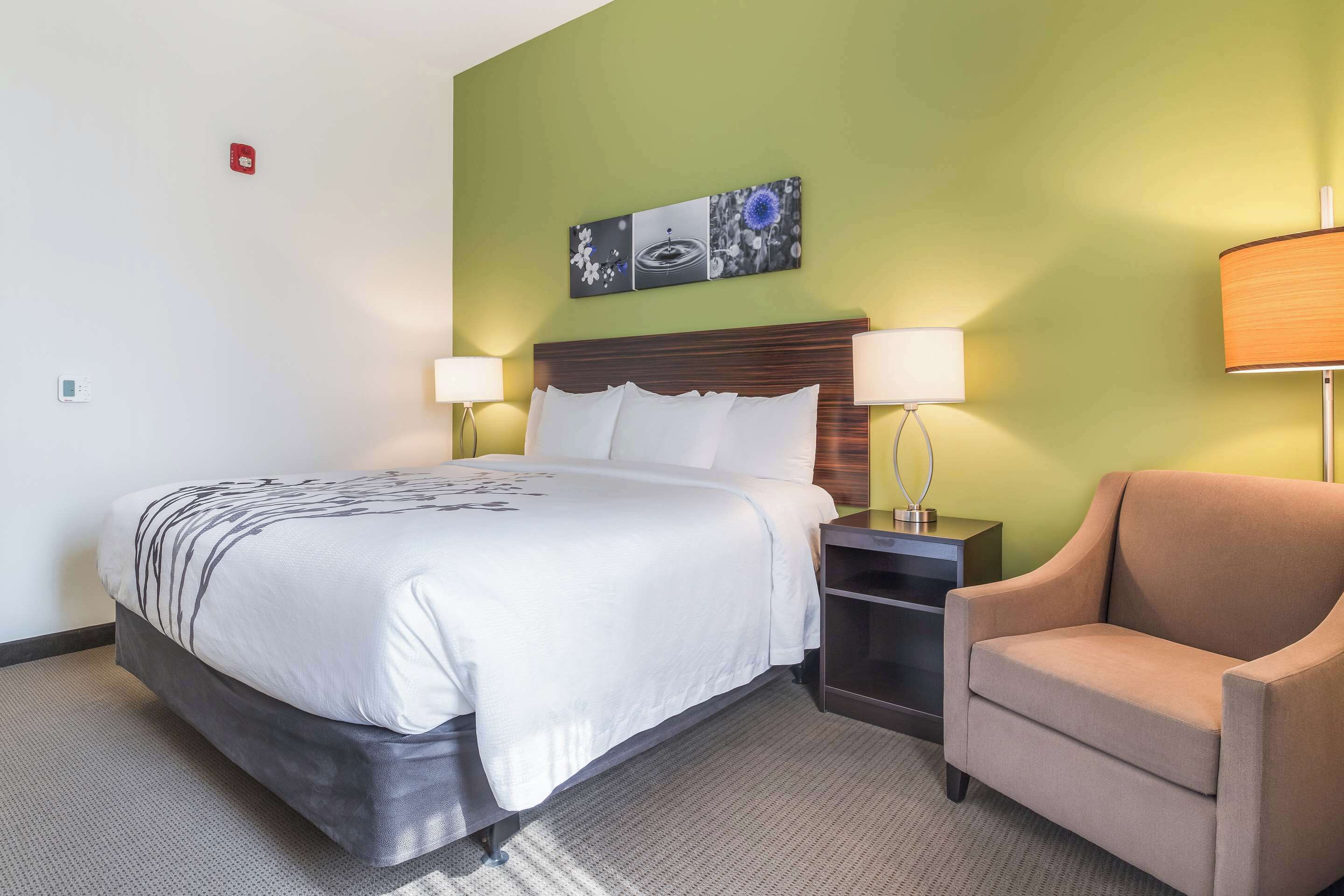 A hotel room with a bed, two bedside lamps, a chair, a nightstand, and a wall art piece above the bed.