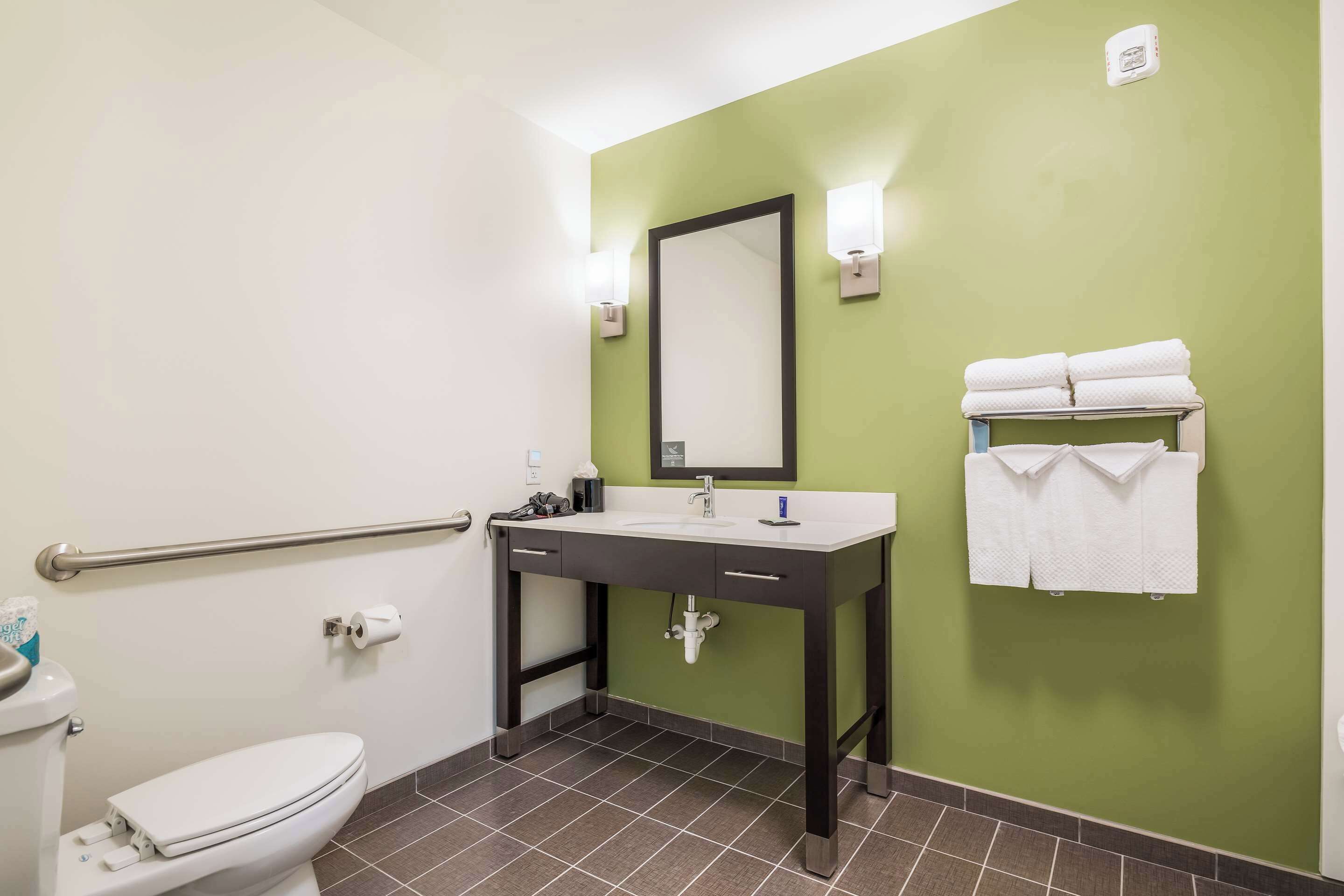 Une salle de bain équipée d’un WC, d’un lavabo, d’un miroir, d’un porte-serviettes et d’une barre d’appui.
