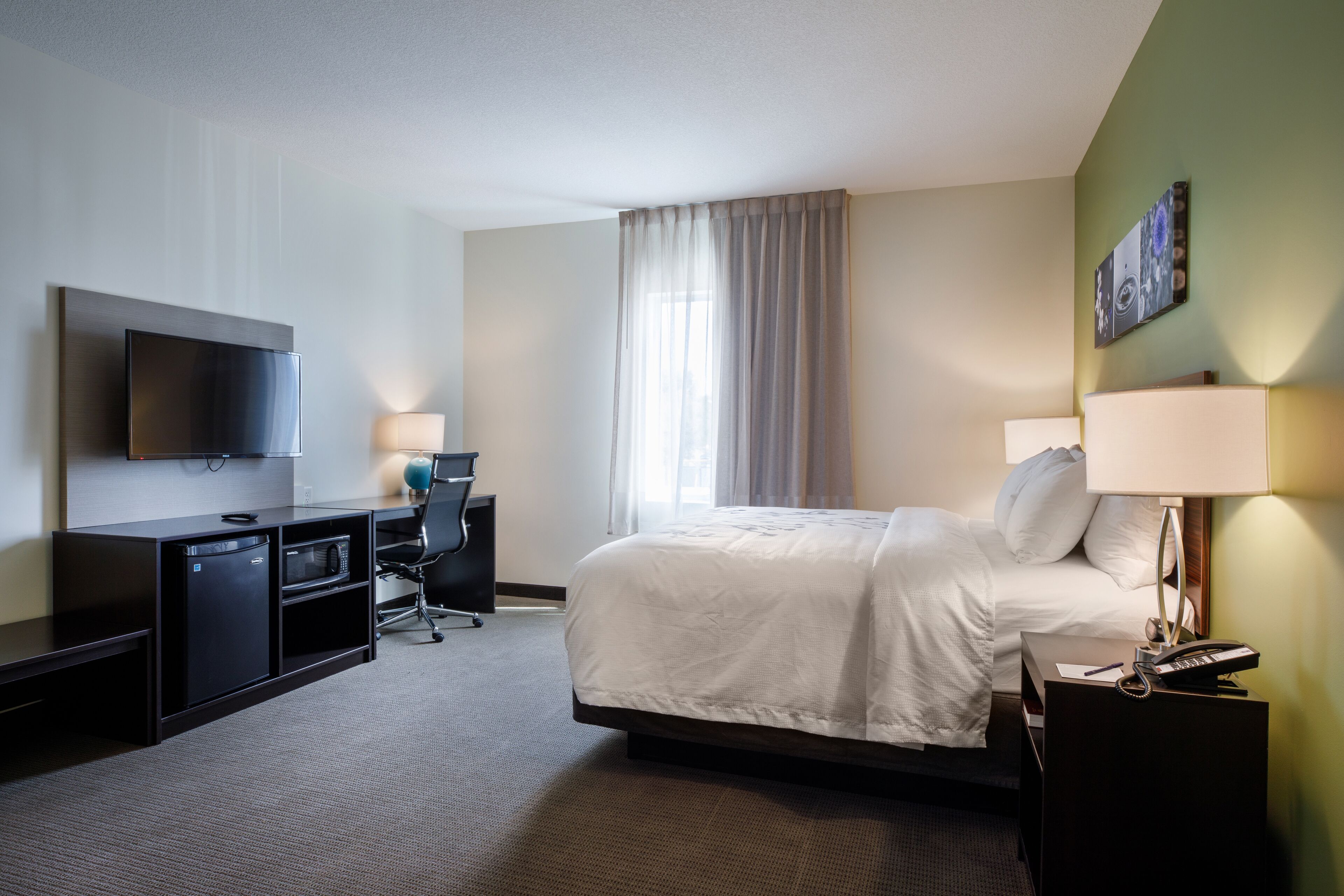 premium bedding, desk, blackout curtains, iron/ironing board