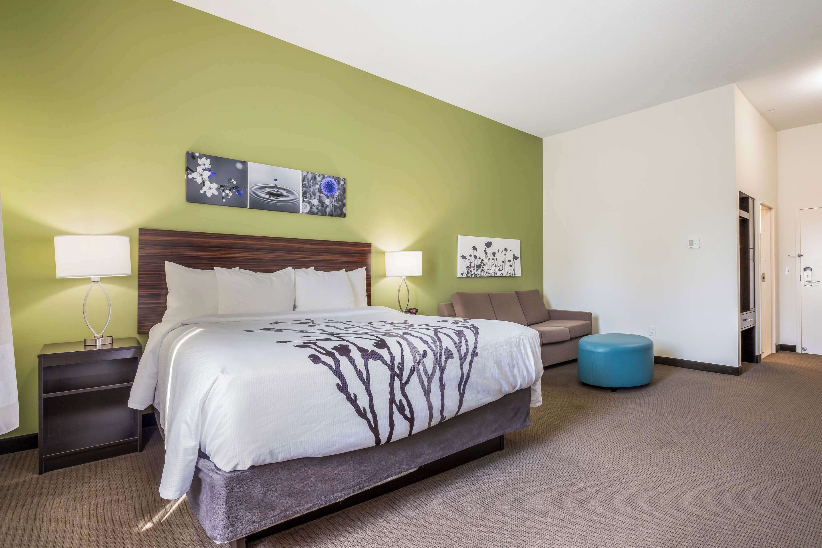 A hotel room with a bed, bedside tables, a sofa, and artwork on the walls.