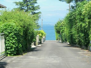 A narrow road flanked by lush greenery and a body of water in the distance. - Villa in Lazise With Lake Garda Views (Lazise)