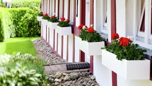 A row of white and red buildings with flower boxes containing red flowers.