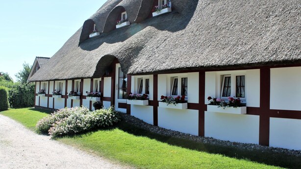 A traditional thatched-roof building with multiple windows and flower boxes.