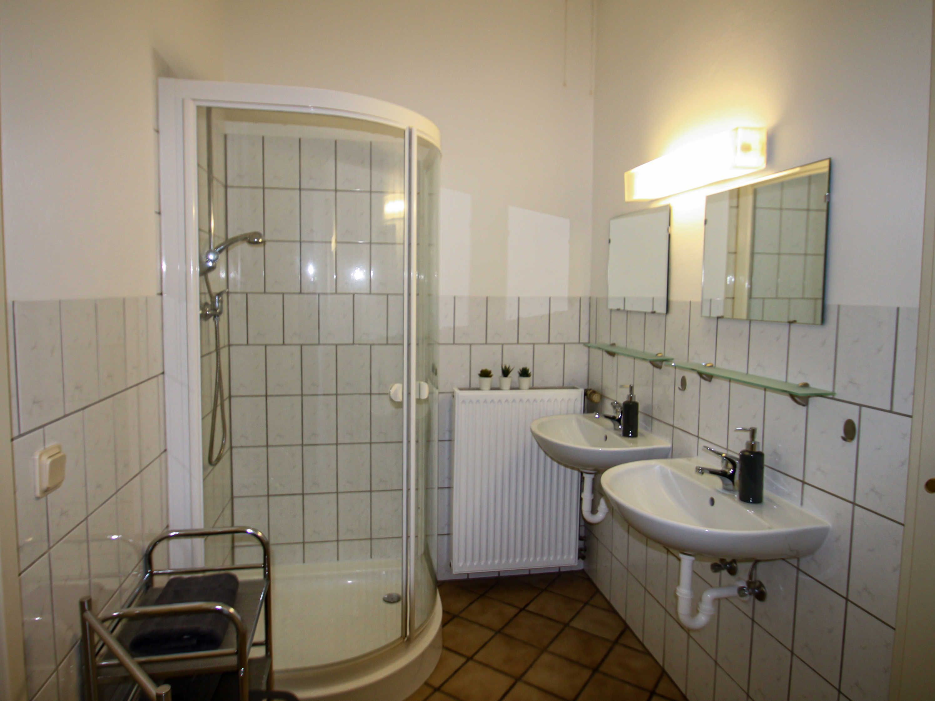 Ein Badezimmer mit Dusche, zwei Waschbecken, einem Spiegel und einer Heizung.