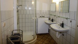 Casa de banho com chuveiro, duas pias, espelho e radiador.