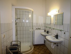 A bathroom with a shower, two sinks, a mirror, and a radiator. - Ferienwohnung Spatzennest - Ferienwohnungen Vogelsang (Kramerhof)