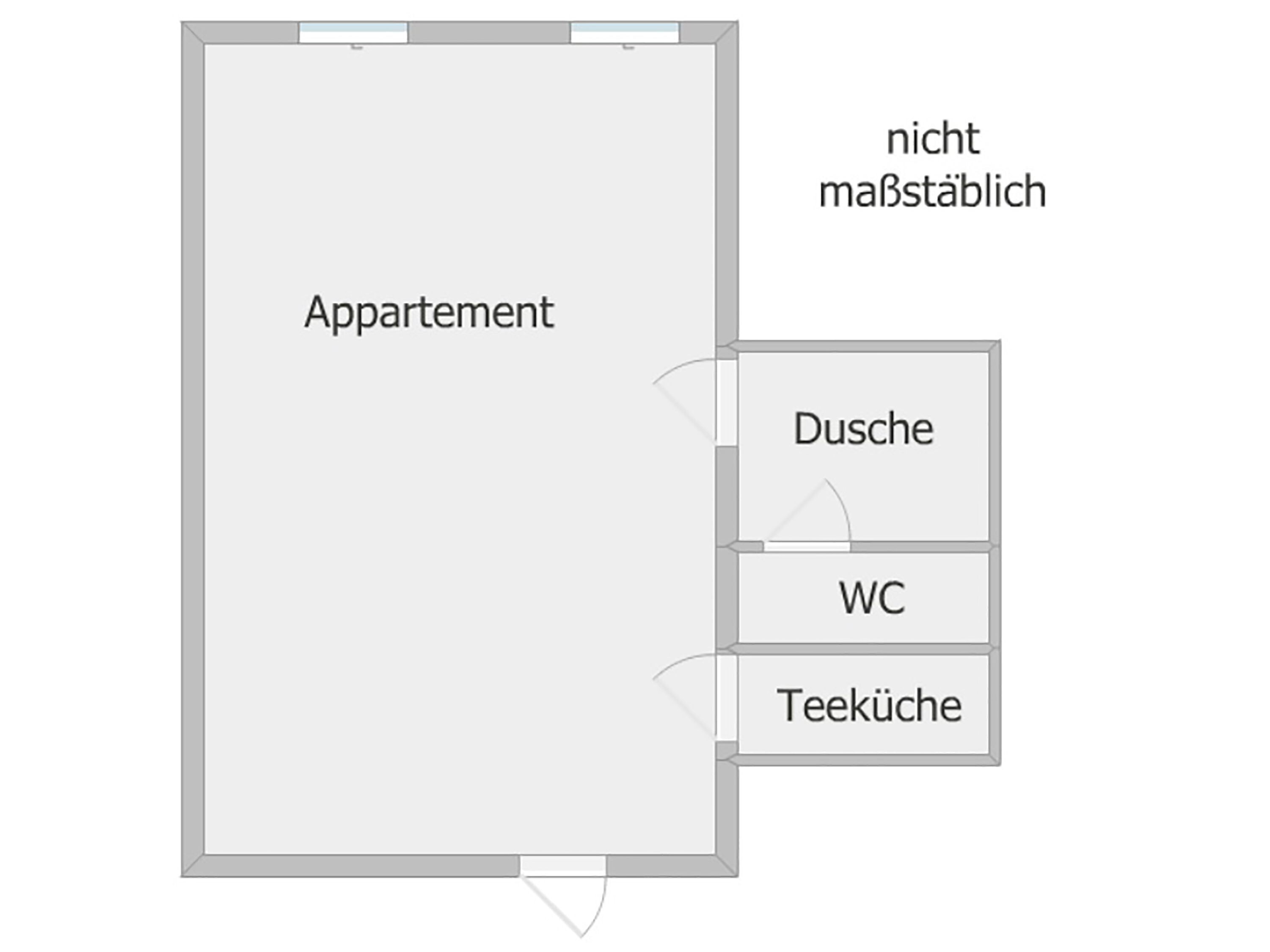 Een plattegrond van een appartement met een woonkamer, een keuken en een badkamer.