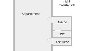 Een plattegrond van een appartement met een woonkamer, een keuken en een badkamer.
