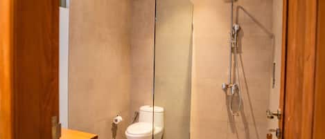 Een douchecabine met glazen wanden, een toilet en een douchekop.