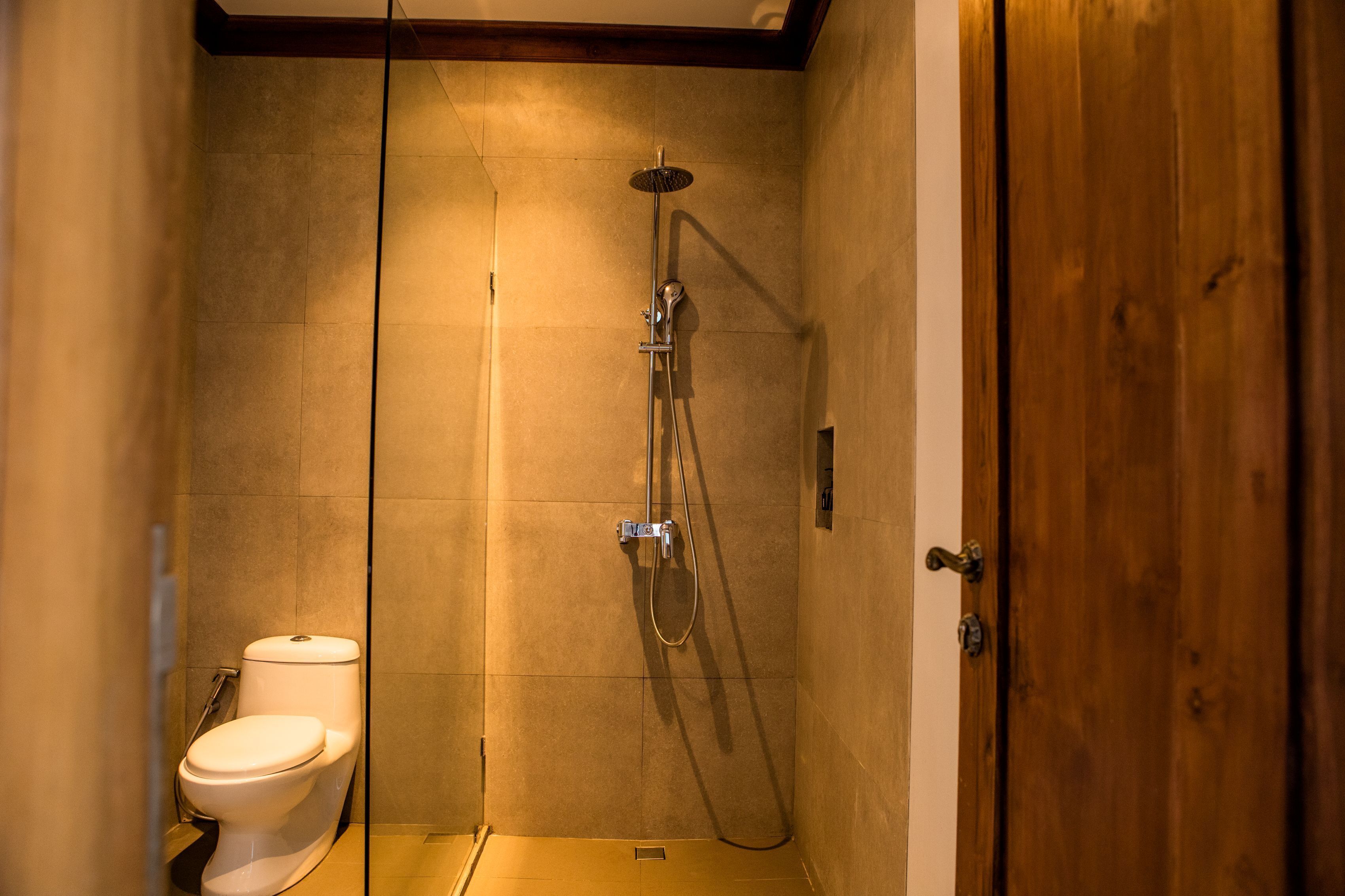 A small, enclosed bathroom with a toilet, a shower, and a wooden door.